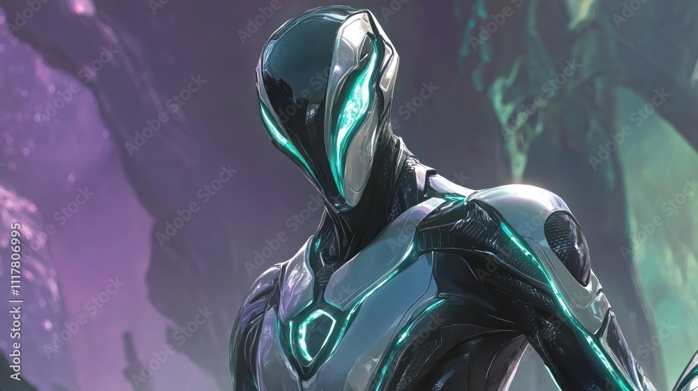 Futuristic humanoid robot in a vibrant alien landscape Futuristic humanoid robot in a vibrant alien landscape