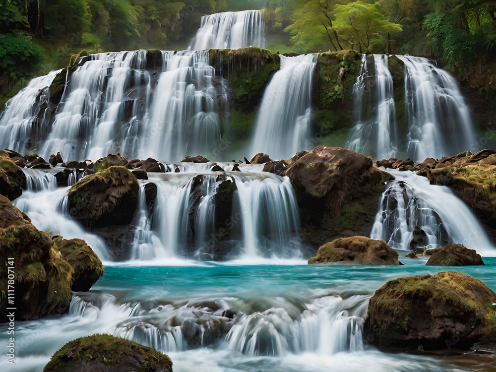 Obraz premium Serene Waterfall Cascading Through Lush Green Forest
