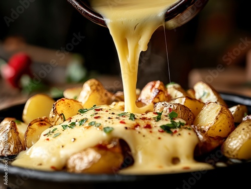 Dramatic Side View of Melted Raclette Cheese Poured Over Grilled Potatoes with Garnish on a Rustic Wooden Table