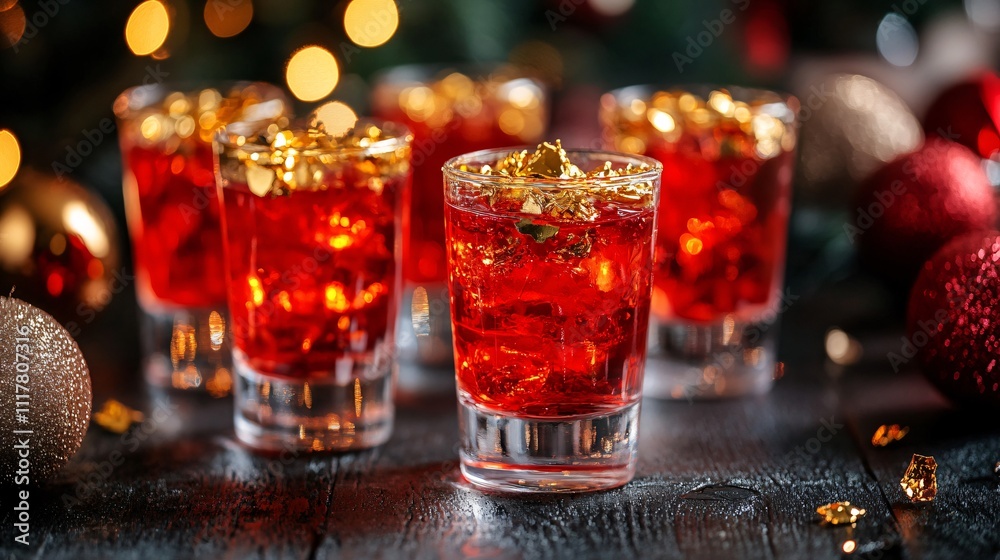 Close up of Jello shots with gold flakes, styled on a dark wooden table with festive decor Close up of Jello shots with gold flakes, styled on a dark wooden table with festive decor