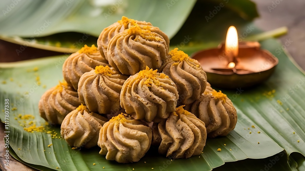Traditional jaggery modak with coconut filling, arranged on banana leaf with turmeric leaves and diya for festive celebrations Traditional jaggery modak with coconut filling, arranged on banana leaf with turmeric leaves and diya for festive celebrations