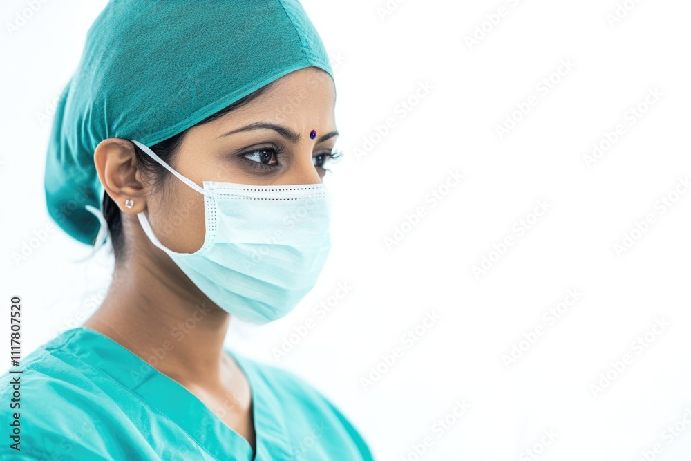 A healthcare worker dressed in green scrubs with a surgical mask, ready for duty A healthcare worker dressed in green scrubs with a surgical mask, ready for duty