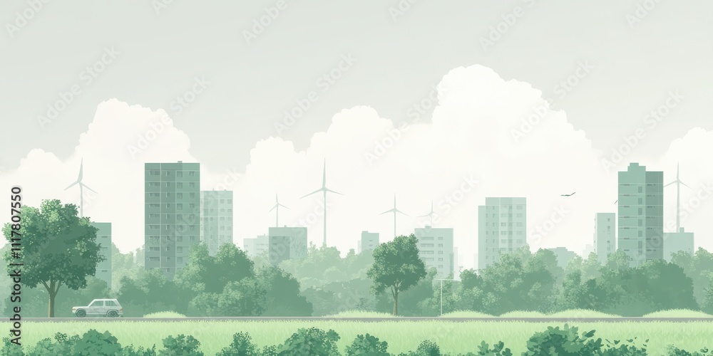 Naklejka premium A cityscape with a car driving down a road. The sky is cloudy and the city is filled with tall buildings