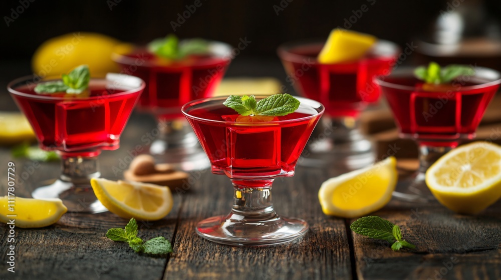 Jello shots in martini glasses, surrounded by lemon slices and fresh mint on a dark wooden bar Jello shots in martini glasses, surrounded by lemon slices and fresh mint on a dark wooden bar