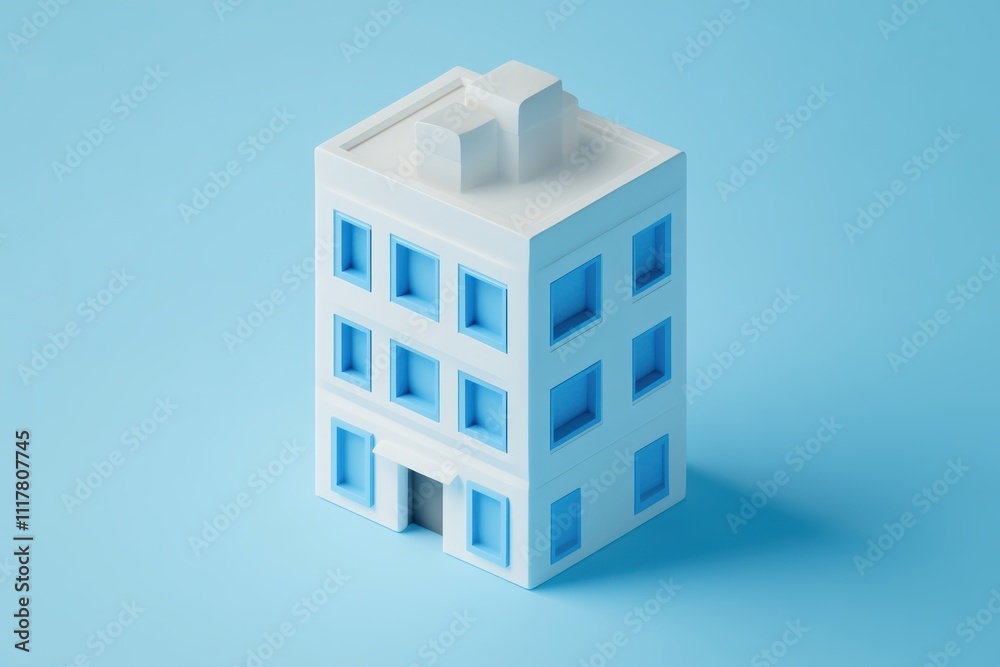 A white building with blue windows sits on a blue background. The building is a cube and he is a modern design A white building with blue windows sits on a blue background. The building is a cube and he is a modern design