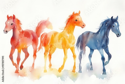 Three colorful watercolor horses in a dynamic pose, showcasing artistic expression.