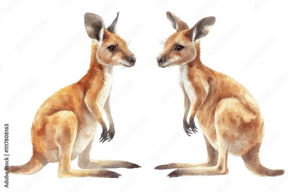 Two illustrated kangaroos in a natural pose, showcasing their features and stance. Two illustrated kangaroos in a natural pose, showcasing their features and stance.