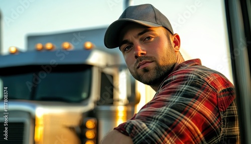 A man in a plaid shirt is sitting in the cab of a semi truck. He is wearing a hat and has a serious expression on his face