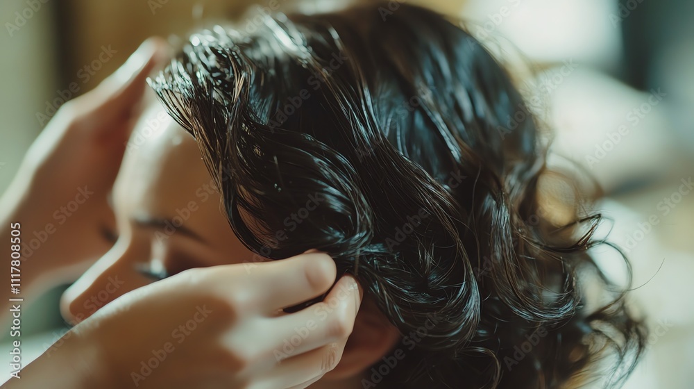 Obraz premium A woman has her hair styled by a hairstylist.