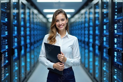 Ejecutiva sonriente en un centro de datos de alta tecnología, transmitiendo liderazgo y experiencia en el sector tecnológico.
