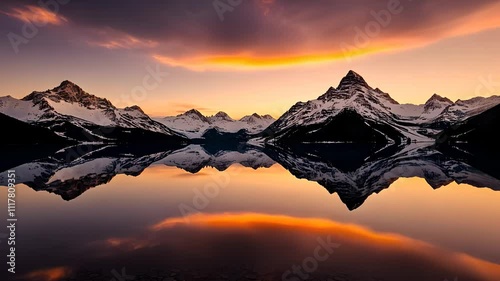 Serene Mountain Landscape with Snow Peaks and Sunset Reflection on Calm Lake

 photo