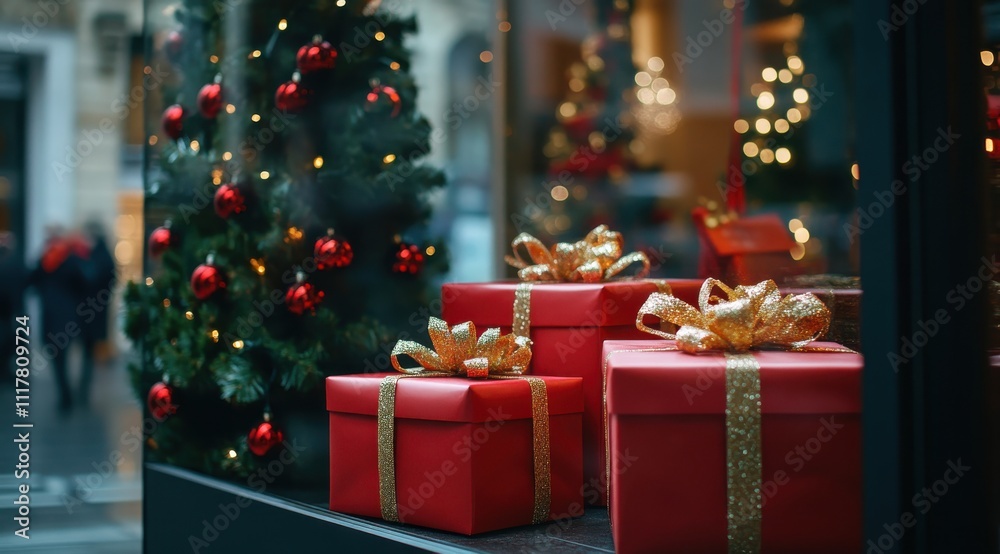 Three large red boxes with gold ribbons are placed on top of a Christmas tree. The boxes are decorated with gold ribbons and are positioned in front of the tree. The scene is set in a store window Three large red boxes with gold ribbons are placed on top of a Christmas tree. The boxes are decorated with gold ribbons and are positioned in front of the tree. The scene is set in a store window