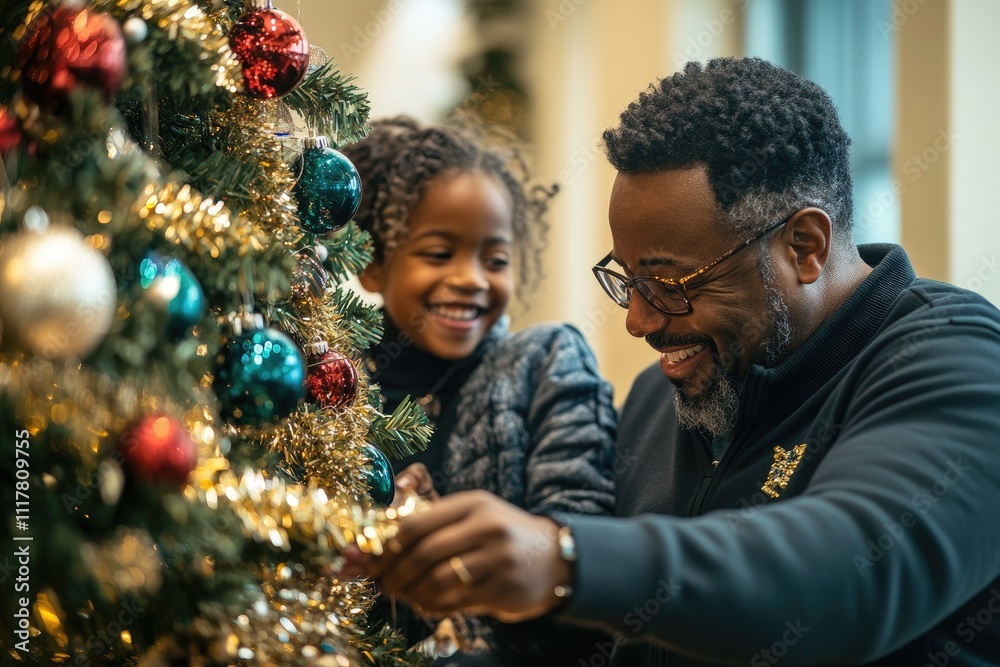 Father and daughter decorating christmas tree together at home Father and daughter decorating christmas tree together at home