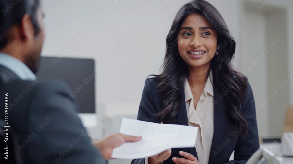 Smiling Indian woman in a business suit smiling and handing document to a person sitting with their back to the camera. Communication and professionalism. Real estate insurance agent
Smiling Indian woman in a business suit smiling and handing document to a person sitting with their back to the camera. Communication and professionalism. Real estate insurance agent