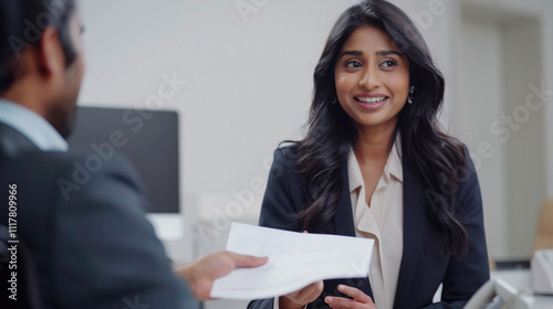 Smiling Indian woman in a business suit smiling and handing document to a person sitting with their back to the camera. Communication and professionalism. Real estate insurance agent 