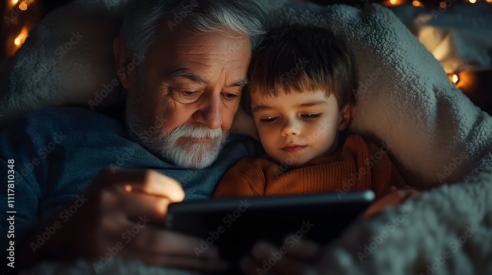 A warm, intimate moment as a grandfather and his grandson share a bonding experience while browsing on a digital tablet together, enveloped in cozy blankets. A warm, intimate moment as a grandfather and his grandson share a bonding experience while browsing on a digital tablet together, enveloped in cozy blankets.