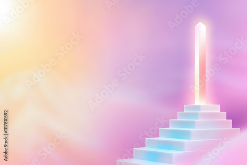 glowing holographic platform showcasing crystal obelisk, surrounded by soft pastel colors. ereal atmosphere evokes sense of wonder and tranquility photo