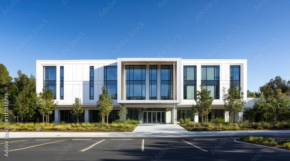 A large white building with a lot of windows and a green tree in front of it. The building is empty and the parking lot is full A large white building with a lot of windows and a green tree in front of it. The building is empty and the parking lot is full