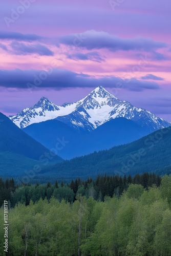 Majestic Mountain Landscape Under Purple Sunset Sky with Trees