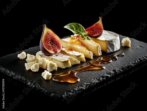 Wallpaper Mural Artistic Arrangement of Sliced Cheeses with Fresh Figs and Honey Drizzle on a Slate Plate for Gourmet Culinary Presentation Torontodigital.ca