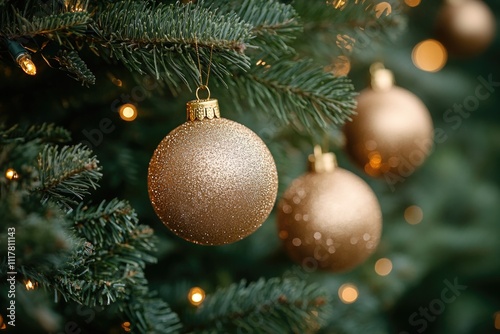 Close-up view of a Christmas ornament on a decorated tree branch