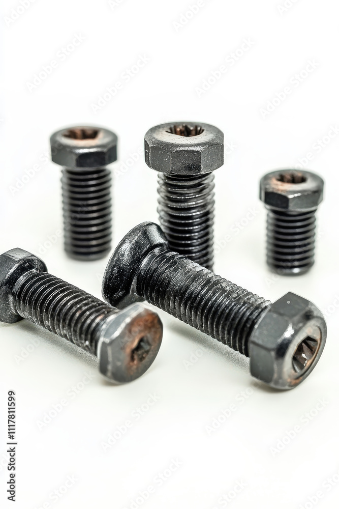 Close-up View of Various Steel Bolts and Screws on a White Background for Mechanical Engineering or Construction Use Close-up View of Various Steel Bolts and Screws on a White Background for Mechanical Engineering or Construction Use