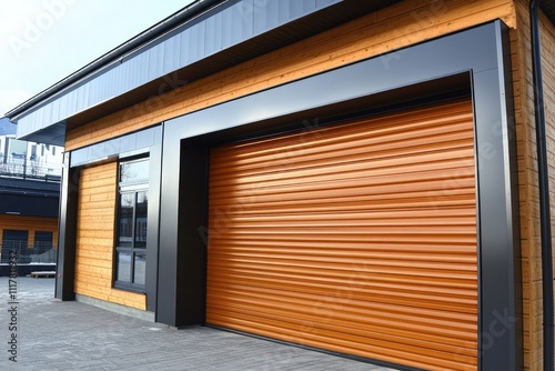 Modern orange automatic roll-up garage door protecting building entrance photo