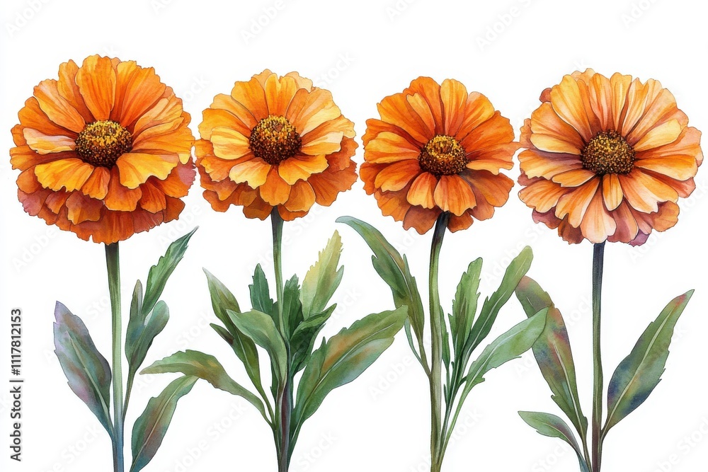 Four vibrant orange flowers with green leaves against a white background. Four vibrant orange flowers with green leaves against a white background.