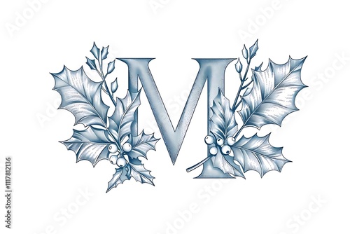 Elegant silver letter M monogram with holly leaves and berries.