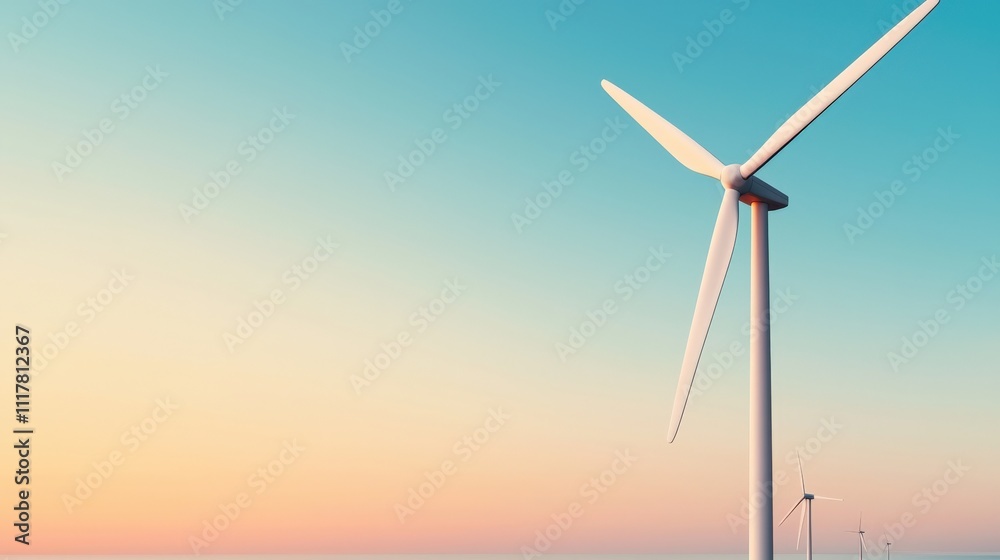 Obraz premium A serene landscape featuring a wind turbine against a colorful sunset, symbolizing renewable energy and sustainability.