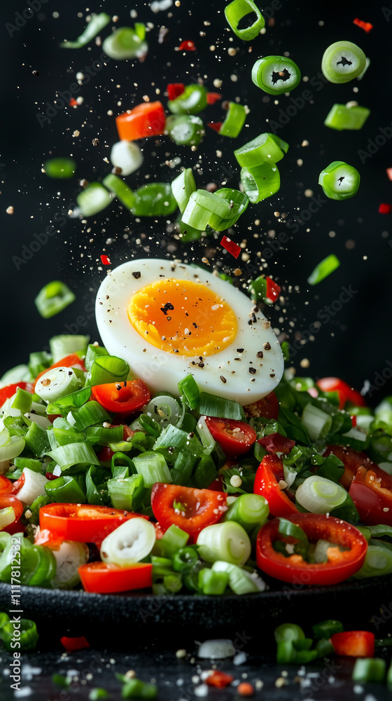 Boiled egg and vegetables flying. Boiled egg and vegetables flying.
