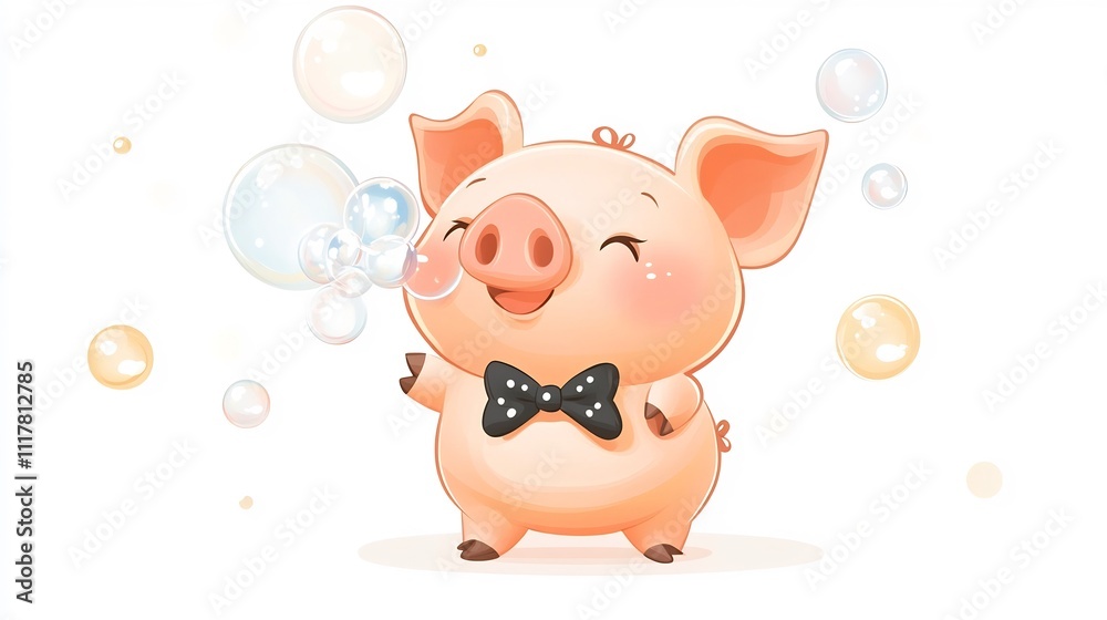 Cheerful Piglet Blowing Bubbles with Bow Tie Cheerful Piglet Blowing Bubbles with Bow Tie
