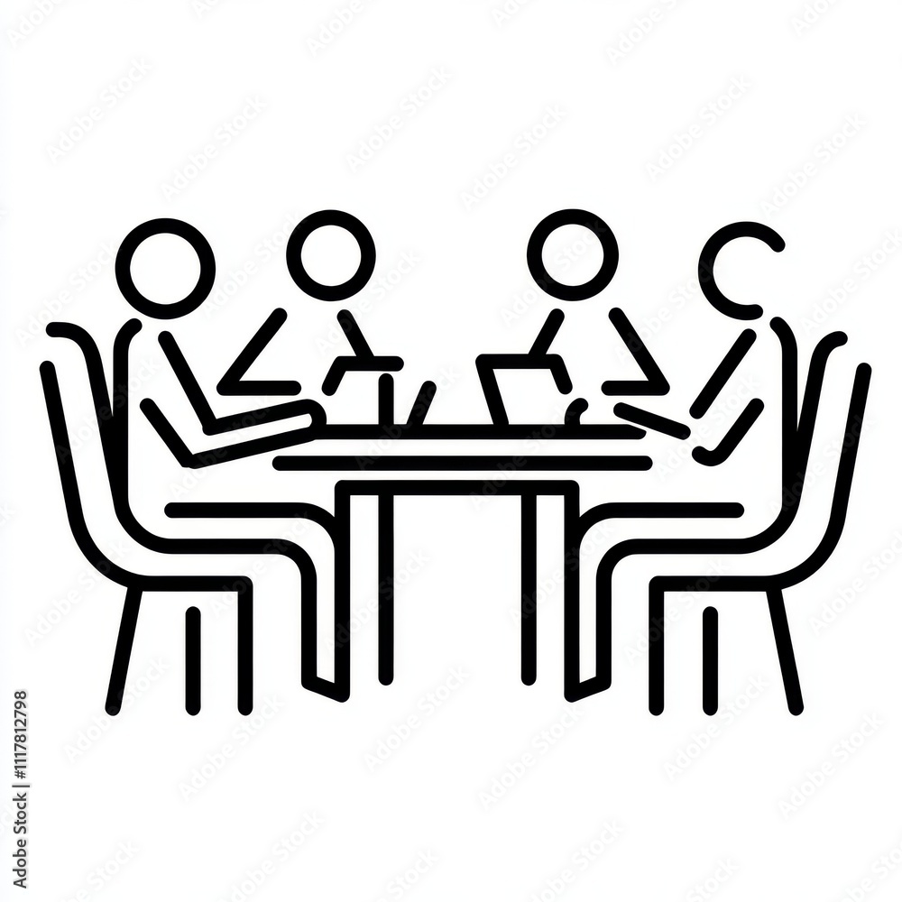 Three people sitting around a table with laptops. They are working together on a project. The chairs are arranged around the table, and there is a laptop on each chair Three people sitting around a table with laptops. They are working together on a project. The chairs are arranged around the table, and there is a laptop on each chair