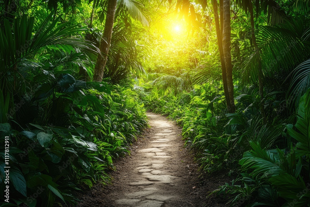 Stone path leading through lush tropical jungle at sunset Stone path leading through lush tropical jungle at sunset