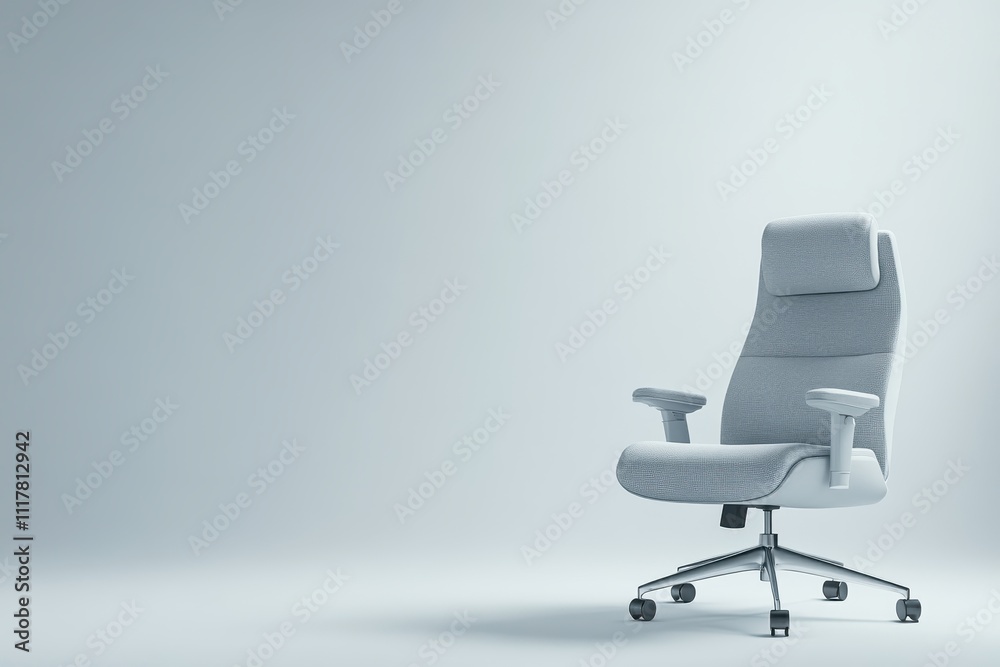 A white office chair with a grey seat and a grey back. The chair is sitting in a room with a white wall. Empty space for logo or text, mockup A white office chair with a grey seat and a grey back. The chair is sitting in a room with a white wall. Empty space for logo or text, mockup