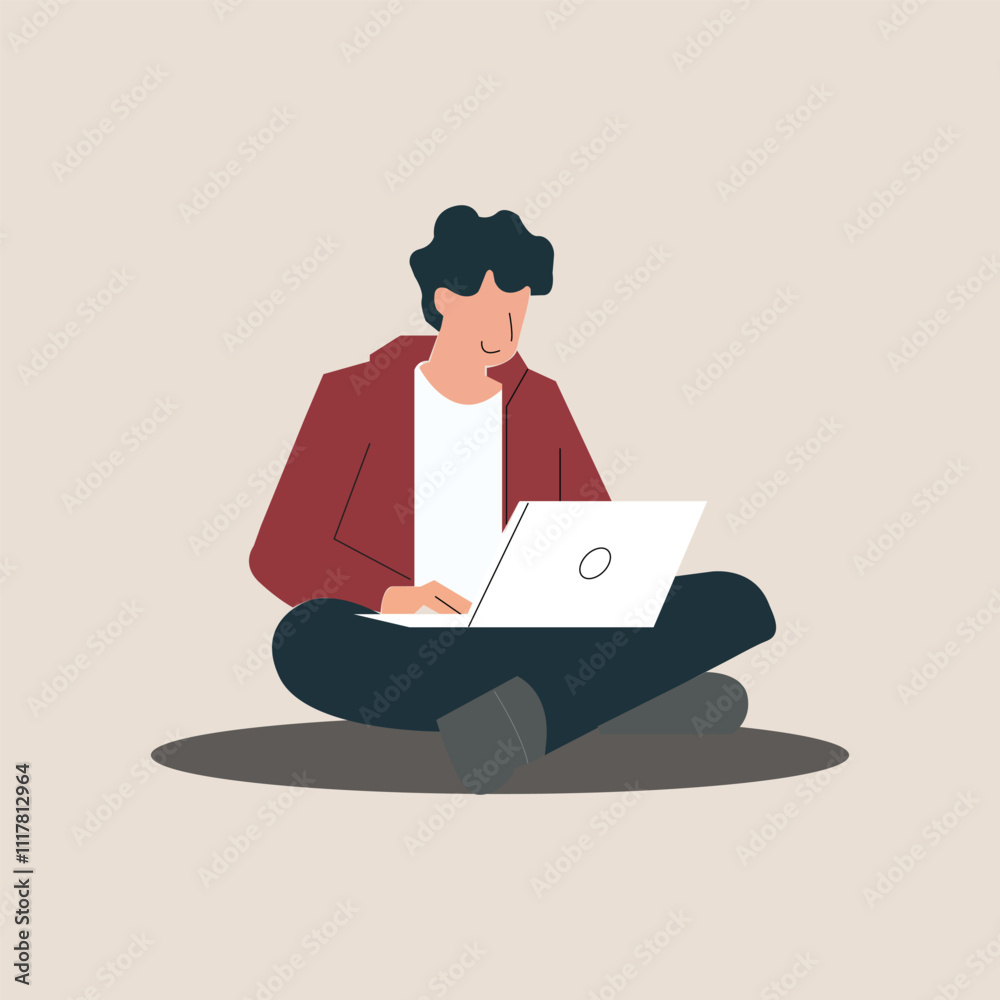 Professional Online Work Flat Design of Man Using Laptop. Professional Online Work Flat Design of Man Using Laptop.