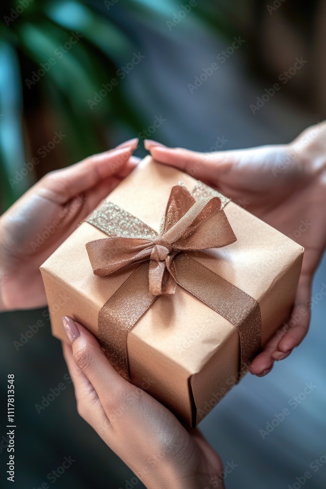 A person holding a brown gift box with a brown bow, great for various occasions and themes A person holding a brown gift box with a brown bow, great for various occasions and themes