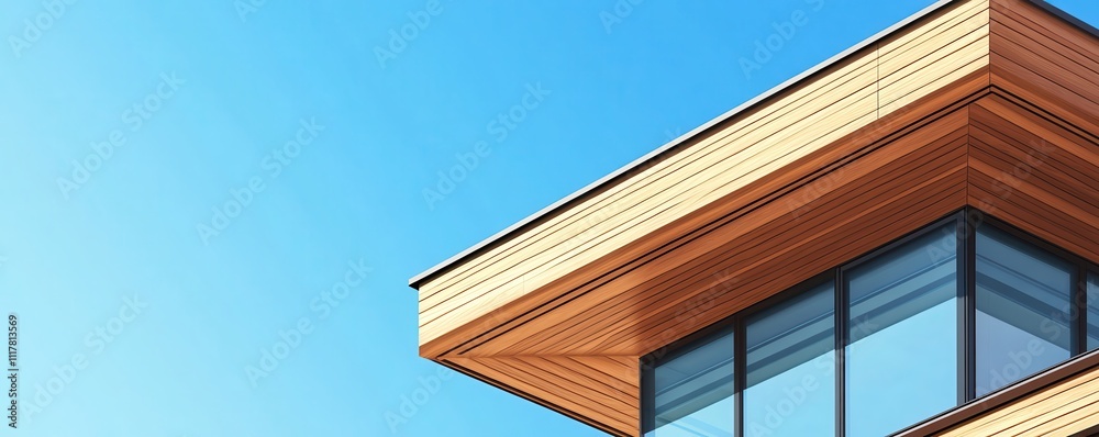 A building with a wooden roof and a blue sky in the background. The roof is slanted and the windows are large. Empty space for logo or text, mockup A building with a wooden roof and a blue sky in the background. The roof is slanted and the windows are large. Empty space for logo or text, mockup