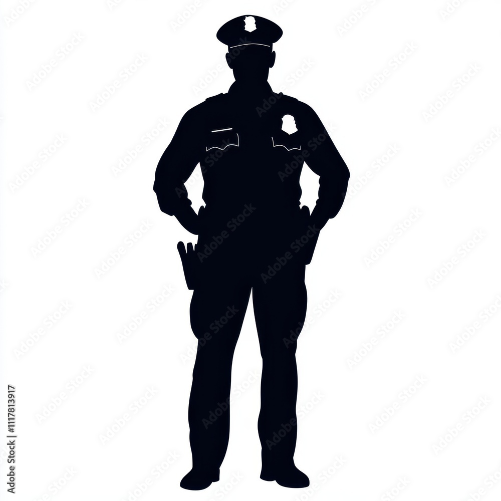 A police officer is standing in front of a white background. He is wearing a black uniform and holding a gun. Concept of authority and power, as the officer is ready to protect and serve the community A police officer is standing in front of a white background. He is wearing a black uniform and holding a gun. Concept of authority and power, as the officer is ready to protect and serve the community