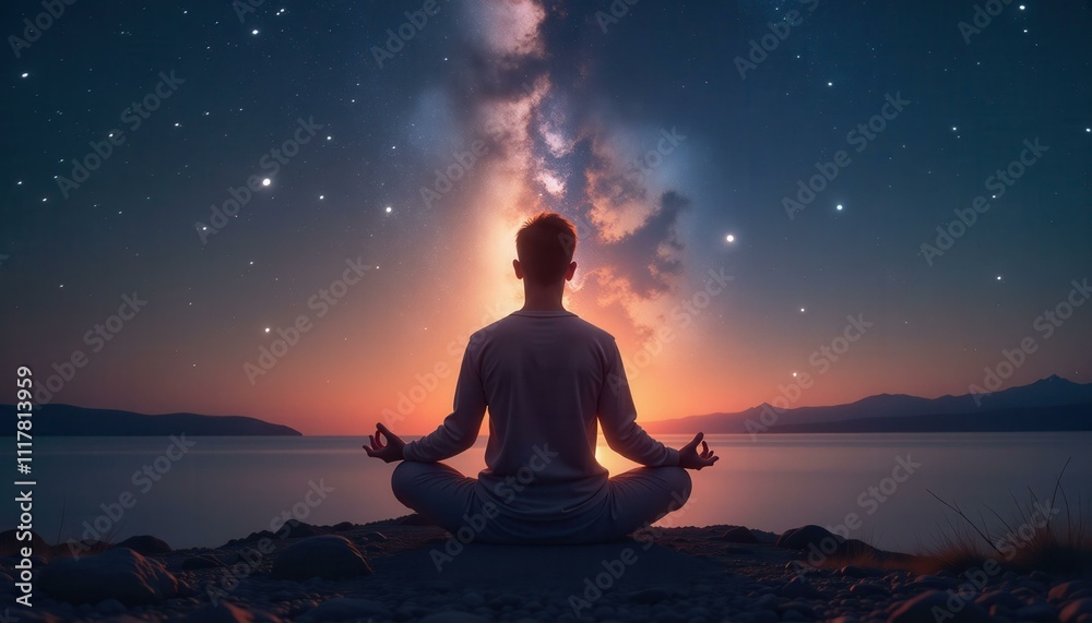 Silhouette of a Person Meditating at Sunset with a Starry Sky and Milky Way Background Peaceful and Serene Yoga Practice by the Lake Silhouette of a Person Meditating at Sunset with a Starry Sky and Milky Way Background Peaceful and Serene Yoga Practice by the Lake