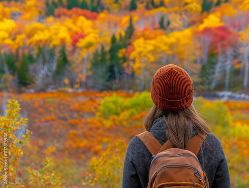 Woman wearing a brown beanie and carrying a backpack stands in front of a vibrant autumn forest. A peaceful and inspiring moment in nature, perfect for an autumn session. photo