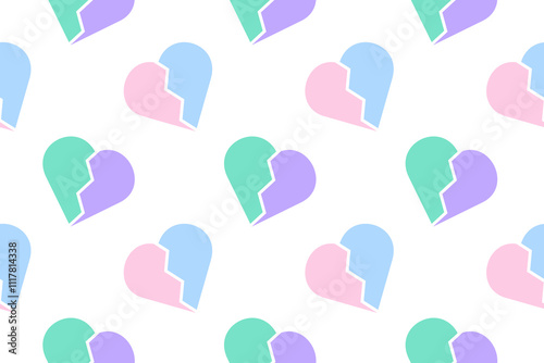 Seamless pattern of broken hearts in pastel colors on a white background, perfect for romantic or emotional themes.