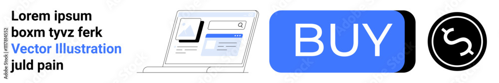 Lorem ipsum text block, digital invoice graphic on a laptop, blue Buy button, and black circular payment icon. Ideal for e-commerce, website design, online store, digital transactions, UIUX design Lorem ipsum text block, digital invoice graphic on a laptop, blue Buy button, and black circular payment icon. Ideal for e-commerce, website design, online store, digital transactions, UIUX design