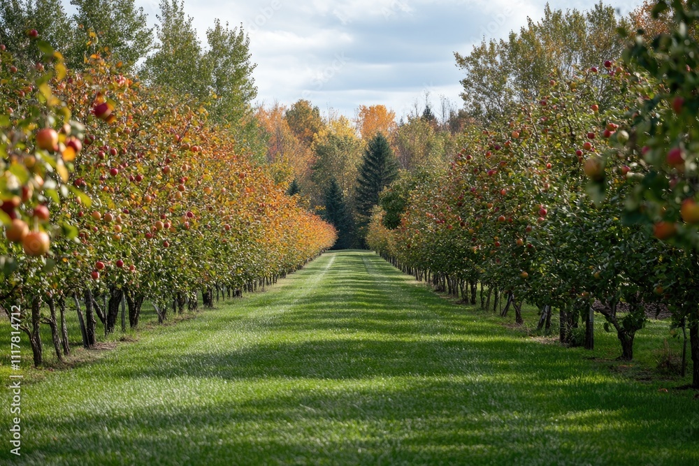 Naklejka premium Apple orchard growing apples in autumn, showing green grass and colorful trees