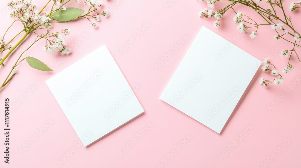 Two white cards with nothing written on them sit on a pink background. The cards are placed next to each other, and there are flowers in the background. Empty space for logo or text, mockup Two white cards with nothing written on them sit on a pink background. The cards are placed next to each other, and there are flowers in the background. Empty space for logo or text, mockup
