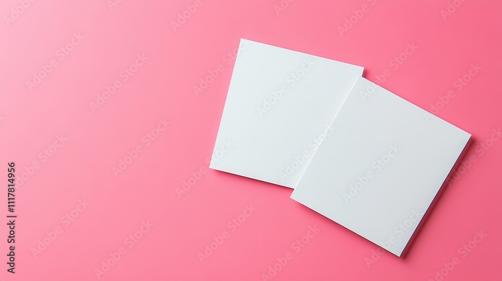Two white pieces of paper are on a pink background. The paper is blank and has a pixelated texture. Empty space for logo or text, mockup Two white pieces of paper are on a pink background. The paper is blank and has a pixelated texture. Empty space for logo or text, mockup