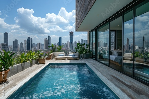 Luxurious rooftop pool overlooking panama city skyline photo