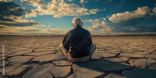 Elderly man reflecting in solitude on cracked desert land under a vast sky