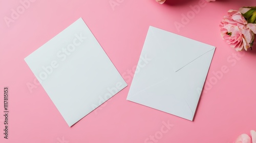 Two white cards with a pink background. One card has a flower on it. The other card is blank. Empty space for logo or text, mockup