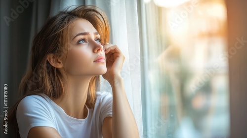 Young woman looking out the window, contemplating the future with hope Free Download Young woman looking out the window, contemplating the future with hope - GFXLoad